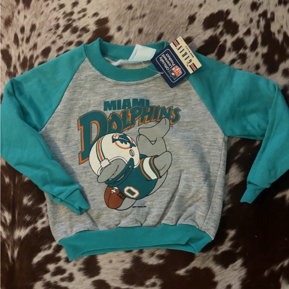 Vintage 80s Miami Dolphins Kids' Teal & Gray Raglan NFL Sweatshirt size 4t